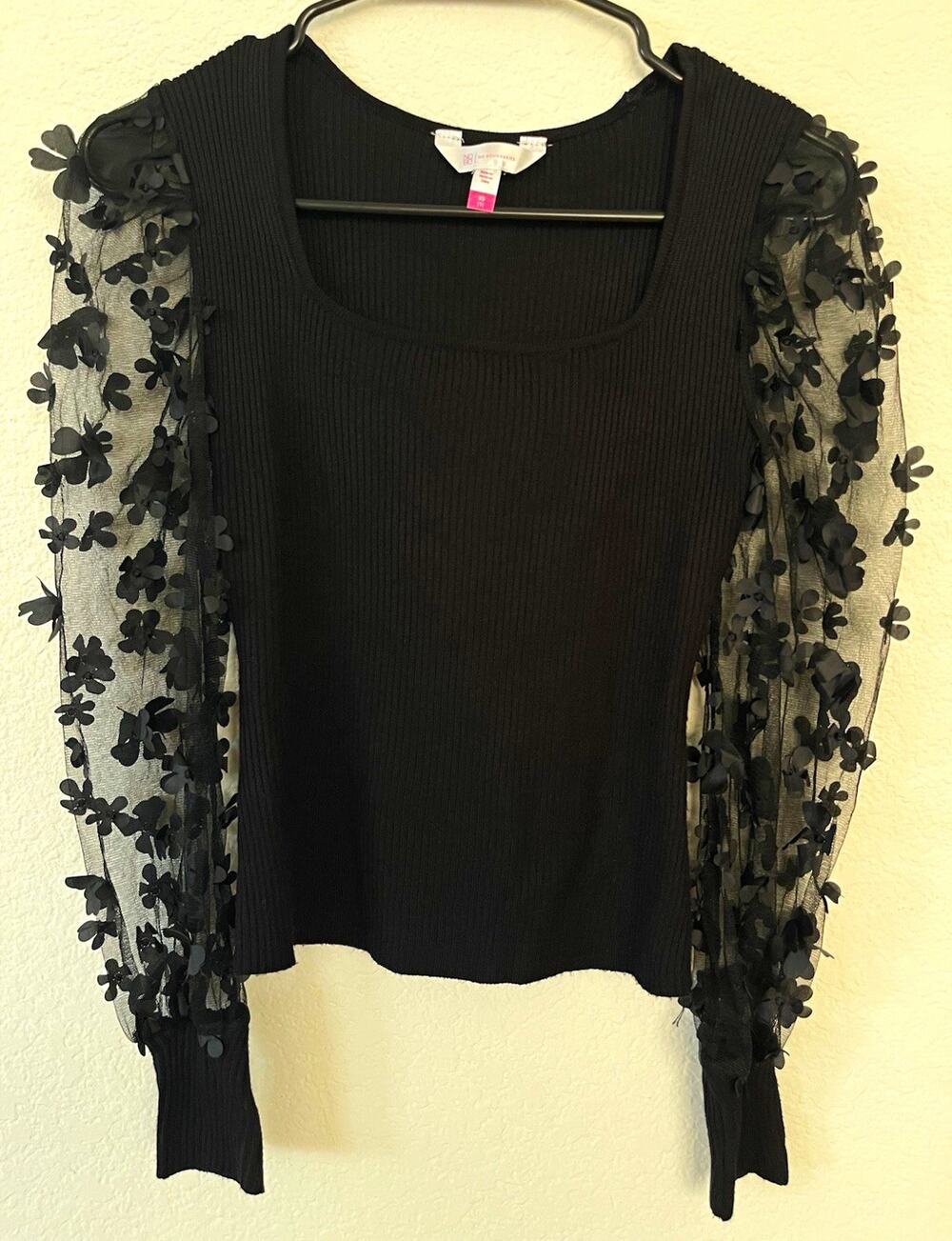 No Boundaries Black Ribbed Knit Square Neck Sheer 3D Floral Mesh LS XS